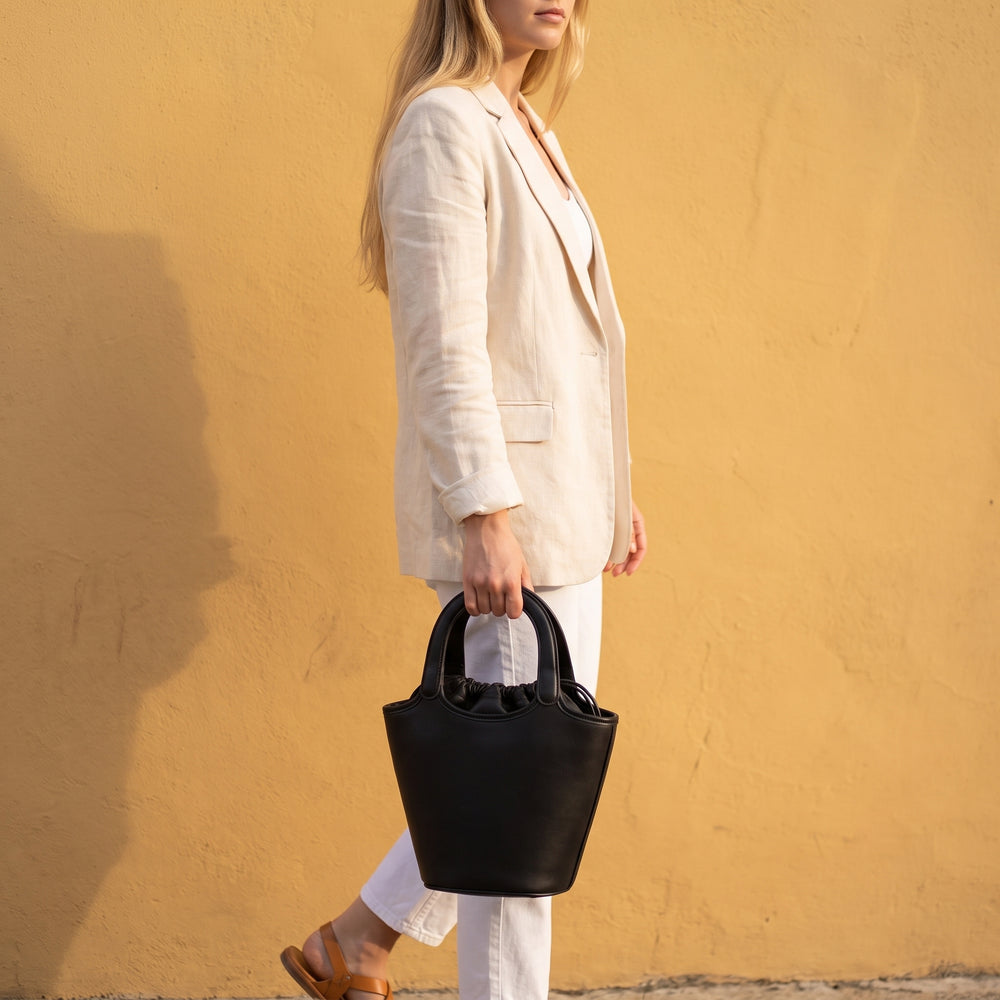 NINA Leather Bucket Handbag in black