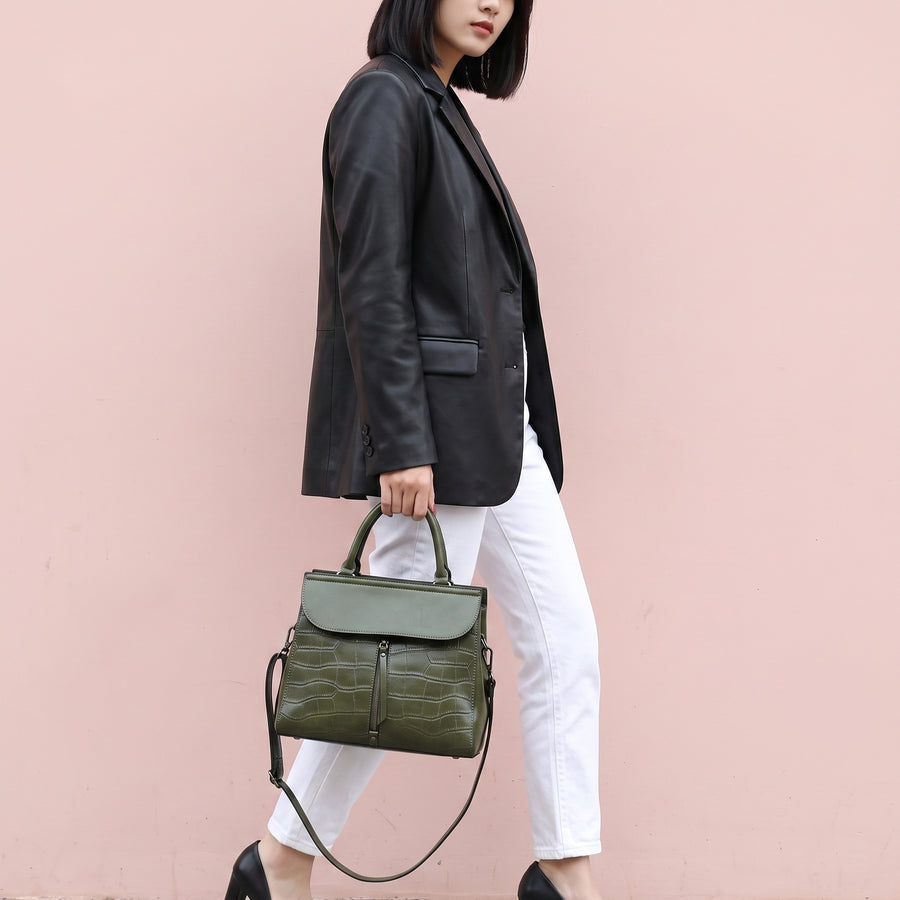 STONE Glazed Croc Satchel Handbag